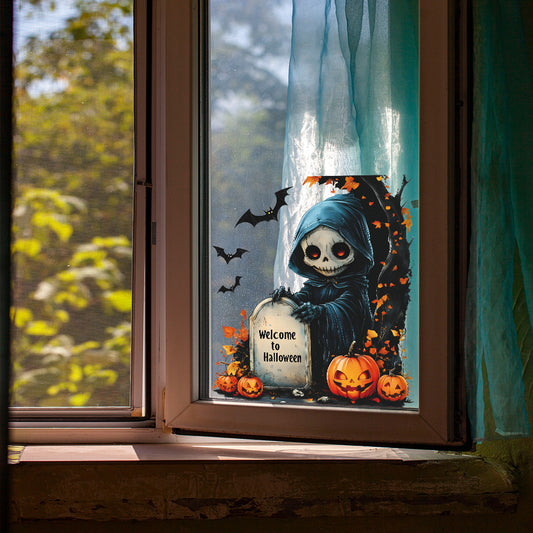 π Halloween Static Window Stickers β Skull & Pumpkin Scene π Kawaii Stickers