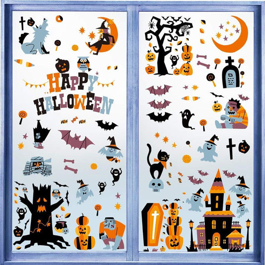 ππ» Halloween Castle Window Stickers β Happy Halloween Static Cling Decals with Pumpkin, Ghost & Bat Designs β Reusable PVC Wall & Glass Decorations π»π Kawaii Stickers