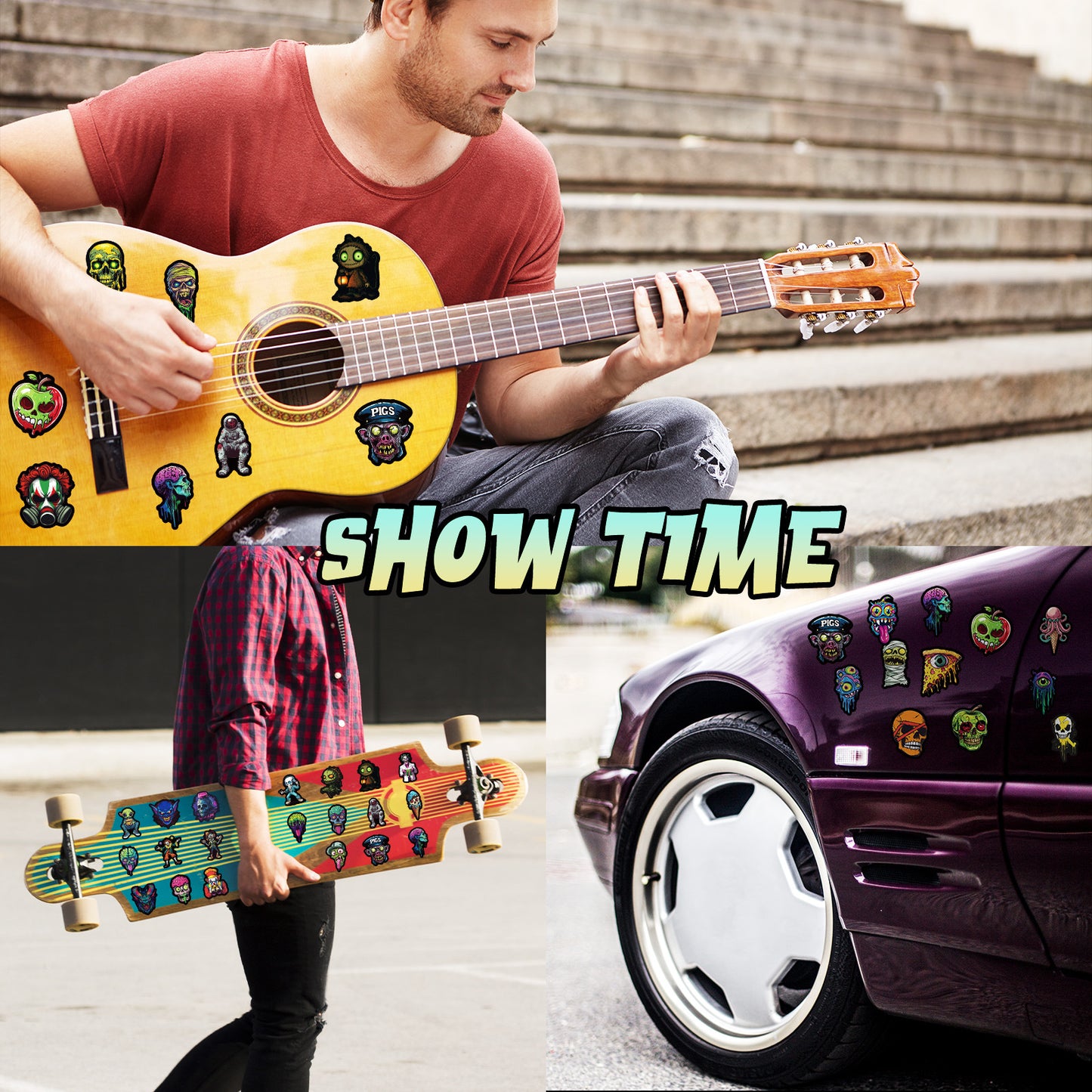 50pcs Colorful Skull Stickers โ Halloween Festival Decoration Vinyl Decals Kawaii Stickers