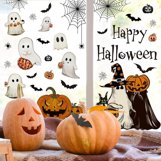 Happy Halloween Window Stickers – Ghosts, Pumpkins & Bats – Static-Cling PVC Wall & Glass Decals for Spooky Home Party Décor 👻🕷️🌙 Kawaii Stickers