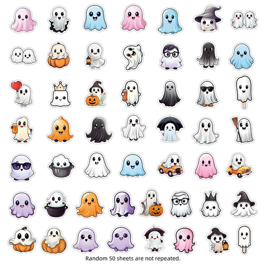🎃 50pcs Cute Halloween Stickers – Ghost & Pumpkin Waterproof Vinyl Decals for Laptop, Skateboard, Water Bottle Kawaii Stickers