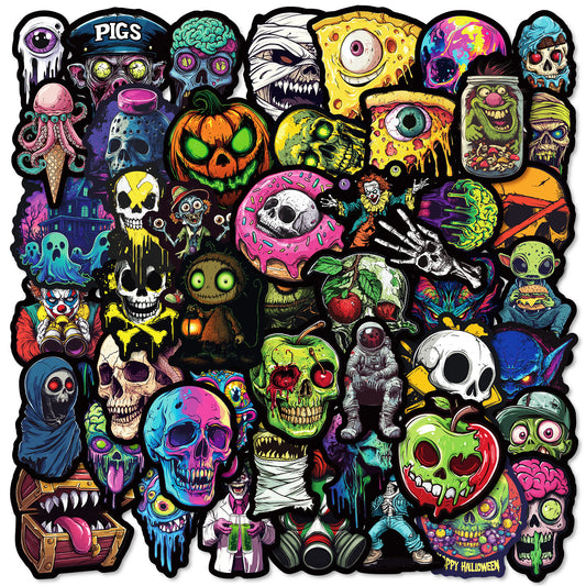 50pcs Colorful Skull Stickers – Halloween Festival Decoration Vinyl Decals Kawaii Stickers