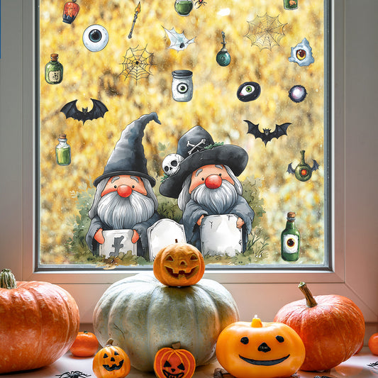 Halloween Gnome & Bat Window Stickers – Static Cling No-Glue Décor 🎃🧙‍♂️🦇 Kawaii Stickers