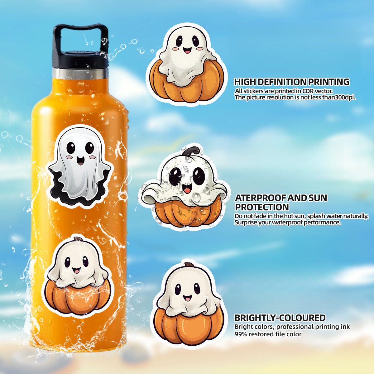 🎃 50pcs Cute Halloween Stickers – Ghost & Pumpkin Waterproof Vinyl Decals for Laptop, Skateboard, Water Bottle Kawaii Stickers
