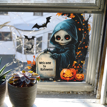 💀 Halloween Static Window Stickers – Skull & Pumpkin Scene 🎃 Kawaii Stickers
