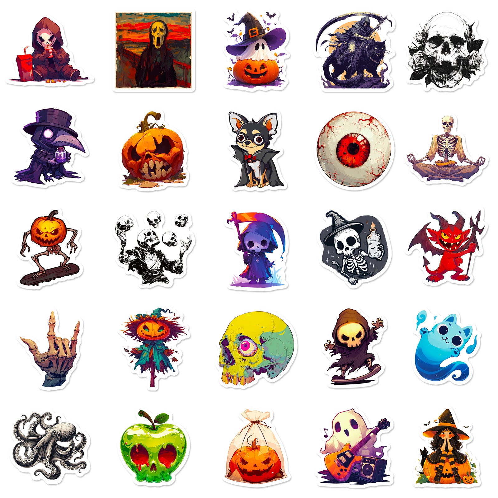 🎃 50 Halloween Stickers – Skulls, Pumpkins, Witches, Grim Reapers & Black Cats 🖤 Kawaii Stickers