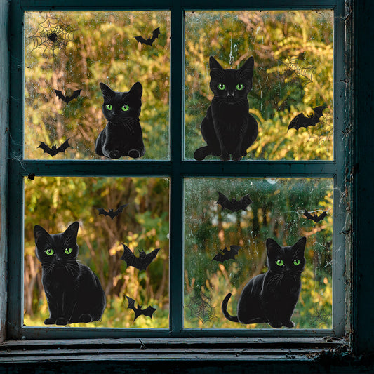 🎃 Halloween Window Stickers – Black Cats with Green Eyes & Flying Bats 👀🐱🦇 Kawaii Stickers