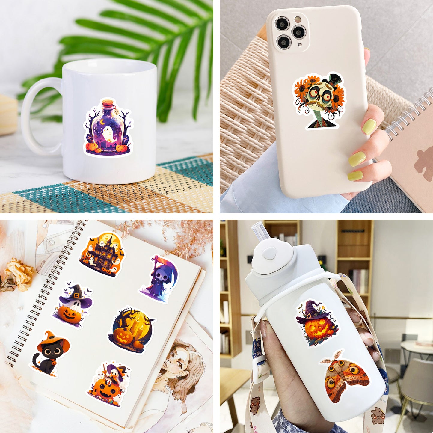 50pcs Halloween Stickers – Skulls, Pumpkins, Witches, Grim Reapers, Black Cats & Cute Doodle Decals Kawaii Stickers