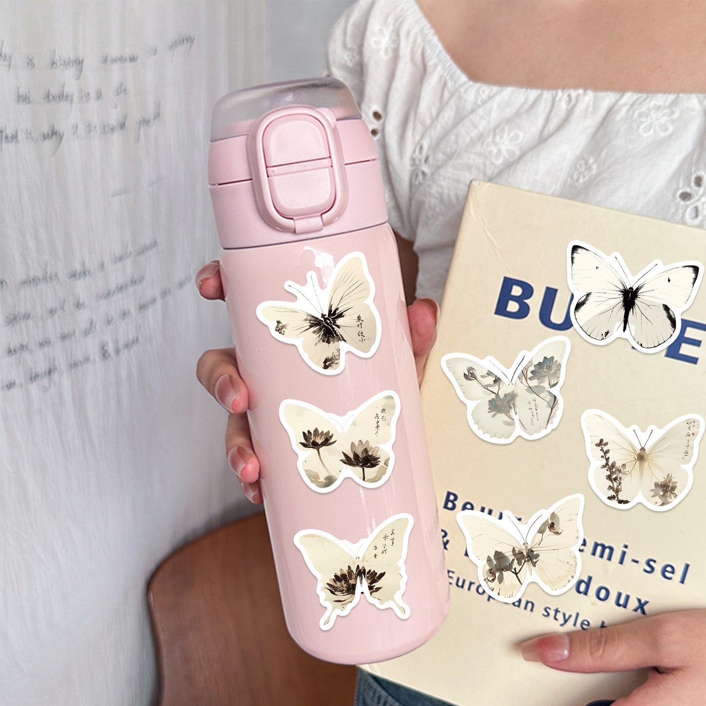 🦋🎨50pcs Ink-Style Butterfly Stickers Book | Waterproof PET Oriental Art Stickers for Journals, Notebooks, Water Cups ☕ & DIY Crafts Kawaii Stickers