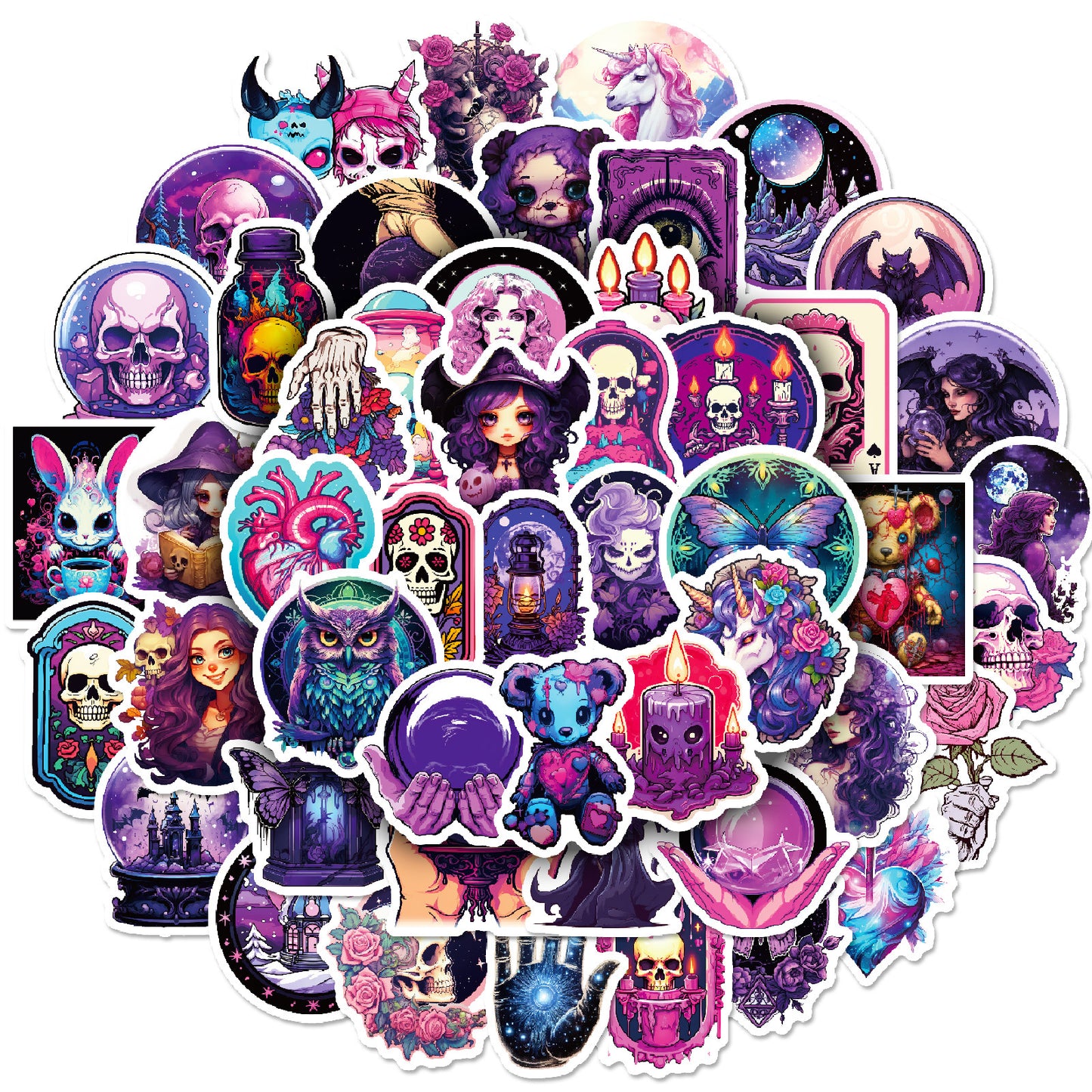 Halloween Stickers | 50pcs Purple Gothic Skull Halloween Sticker Pack
