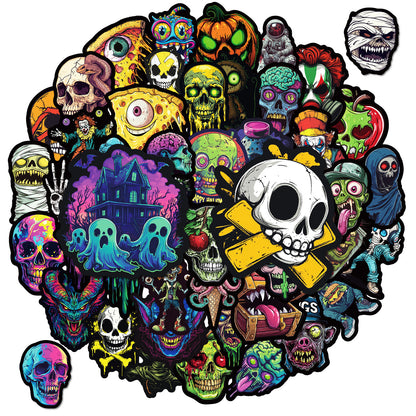 50pcs Colorful Skull Stickers – Halloween Festival Decoration Vinyl Decals Kawaii Stickers