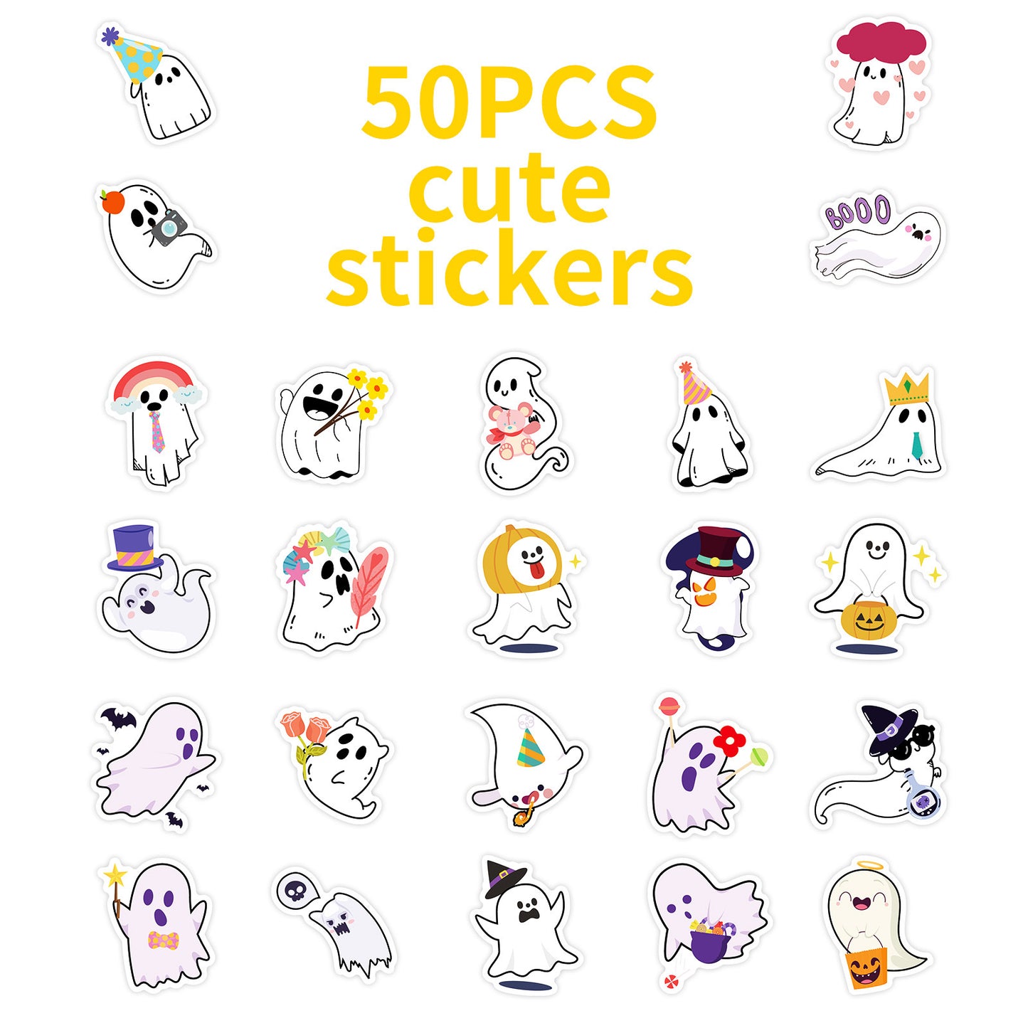 🎃 Halloween Stickers – 50pcs Cute Ghost Doodle Halloween Stickers Set