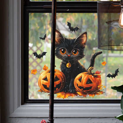 🎃 Halloween Black Cat & Pumpkin Electrostatic Window Sticker – No Glue Needed Kawaii Stickers