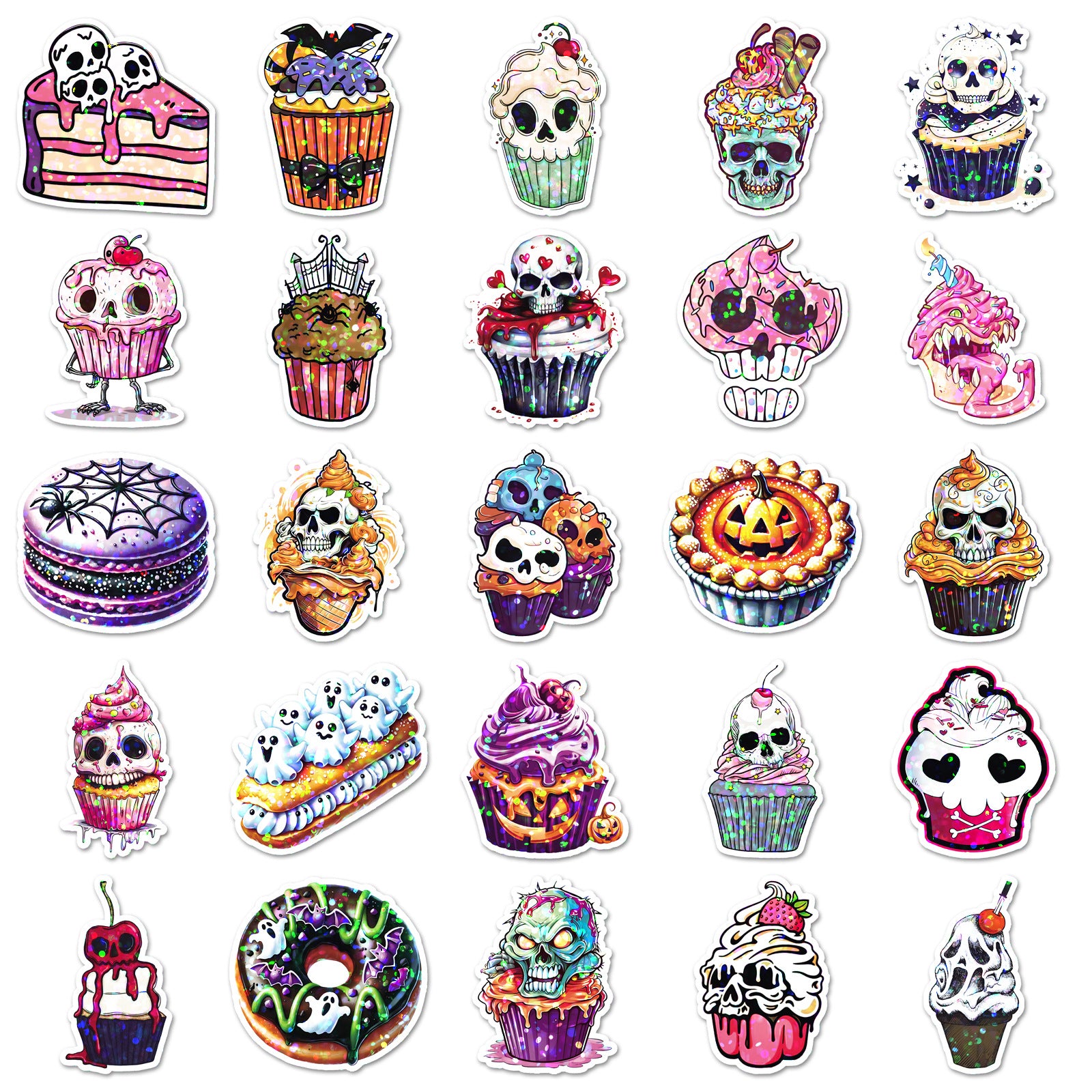 🎃 50 Pcs Halloween Holographic Stickers – Skulls, Cakes & DIY Fun Kawaii Stickers