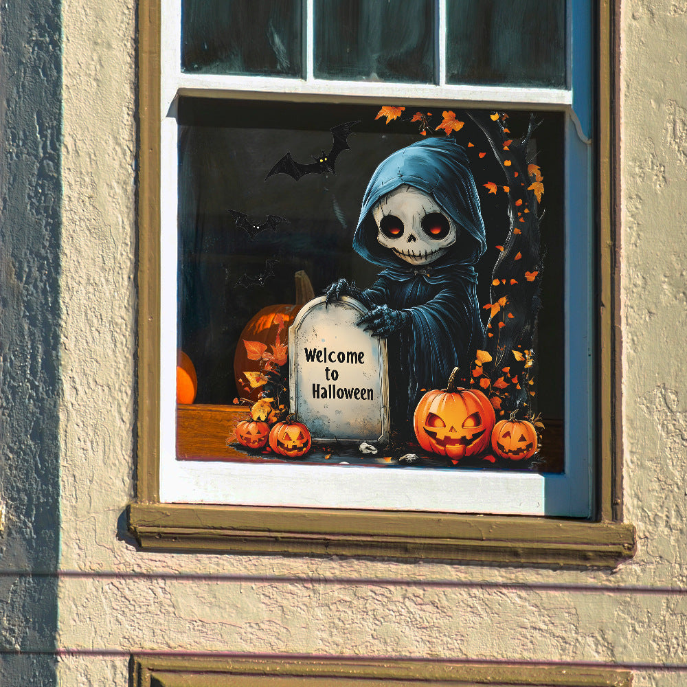 💀 Halloween Static Window Stickers – Skull & Pumpkin Scene 🎃 Kawaii Stickers