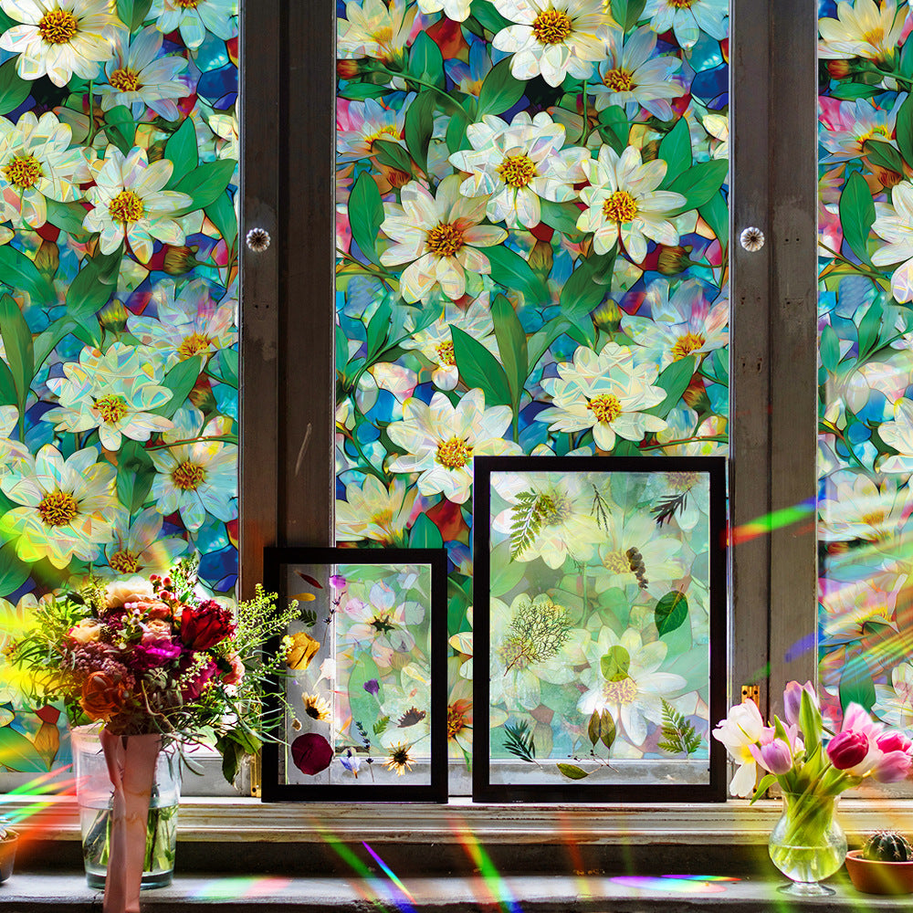 🌿 Holographic Fresh White Flowers & Green Leaves Window Stickers – Elegant Home Decor 🌿 Kawaii Stickers