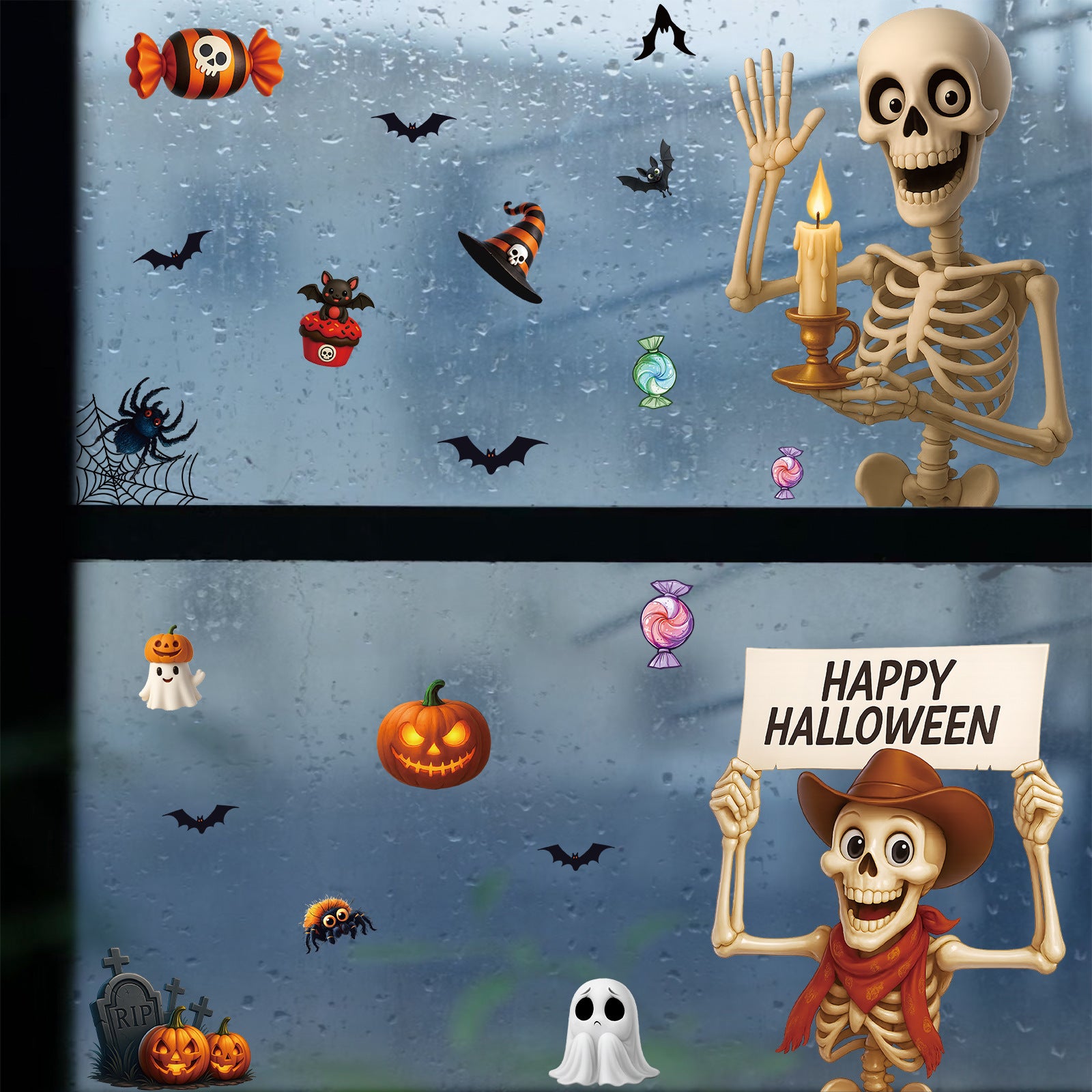 💀 Halloween Skull & Pumpkin Glass Window Stickers – Spooky Fun Decor 🎃 【2Style Combination】BQ602+606 Kawaii Stickers