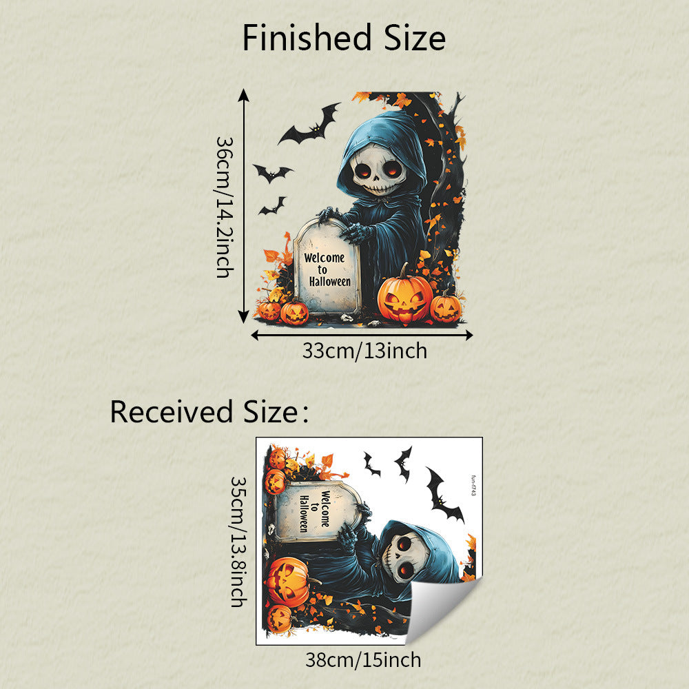 💀 Halloween Static Window Stickers – Skull & Pumpkin Scene 🎃 35*38cm Kawaii Stickers