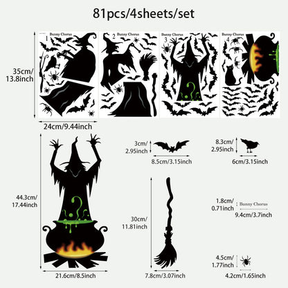🎃 Halloween Stickers Ghost Witch Silhouette Party PVC Self-Adhesive Wall Decals 👻 Witch Stickers B*1set Kawaii Stickers