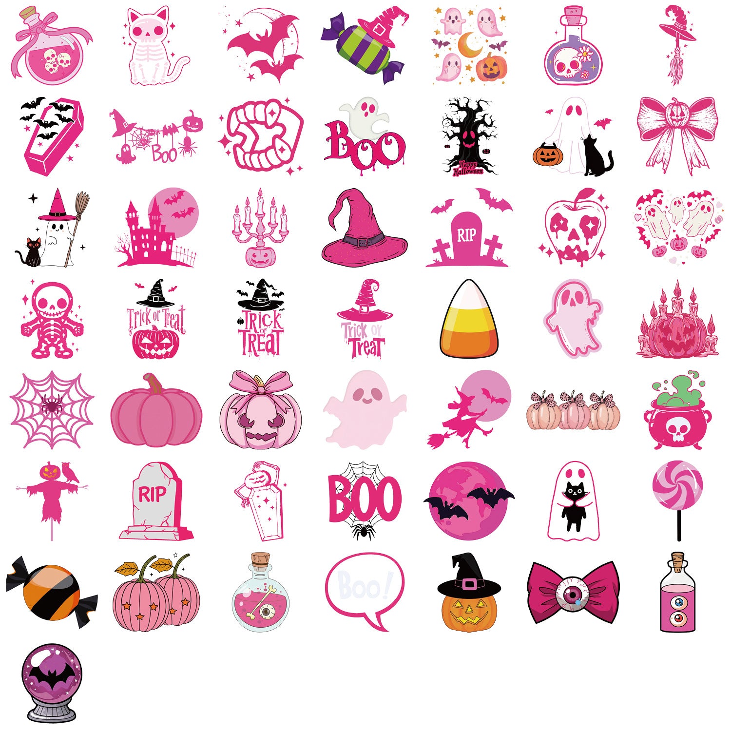 50Pcs Cute Pink Halloween Stickers Pack 🎃 Waterproof Transparent PET for Journals, Laptops & Guitars Kawaii Stickers
