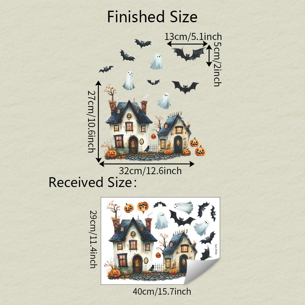 🏰🎃 Cute Halloween Castle Window Stickers – Static Cling Glass Decals with Pumpkins & Ghosts – Holiday Home Decor Kawaii Stickers