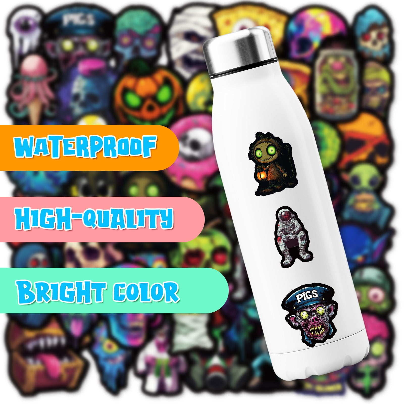 50pcs Colorful Skull Stickers – Halloween Festival Decoration Vinyl Decals Kawaii Stickers