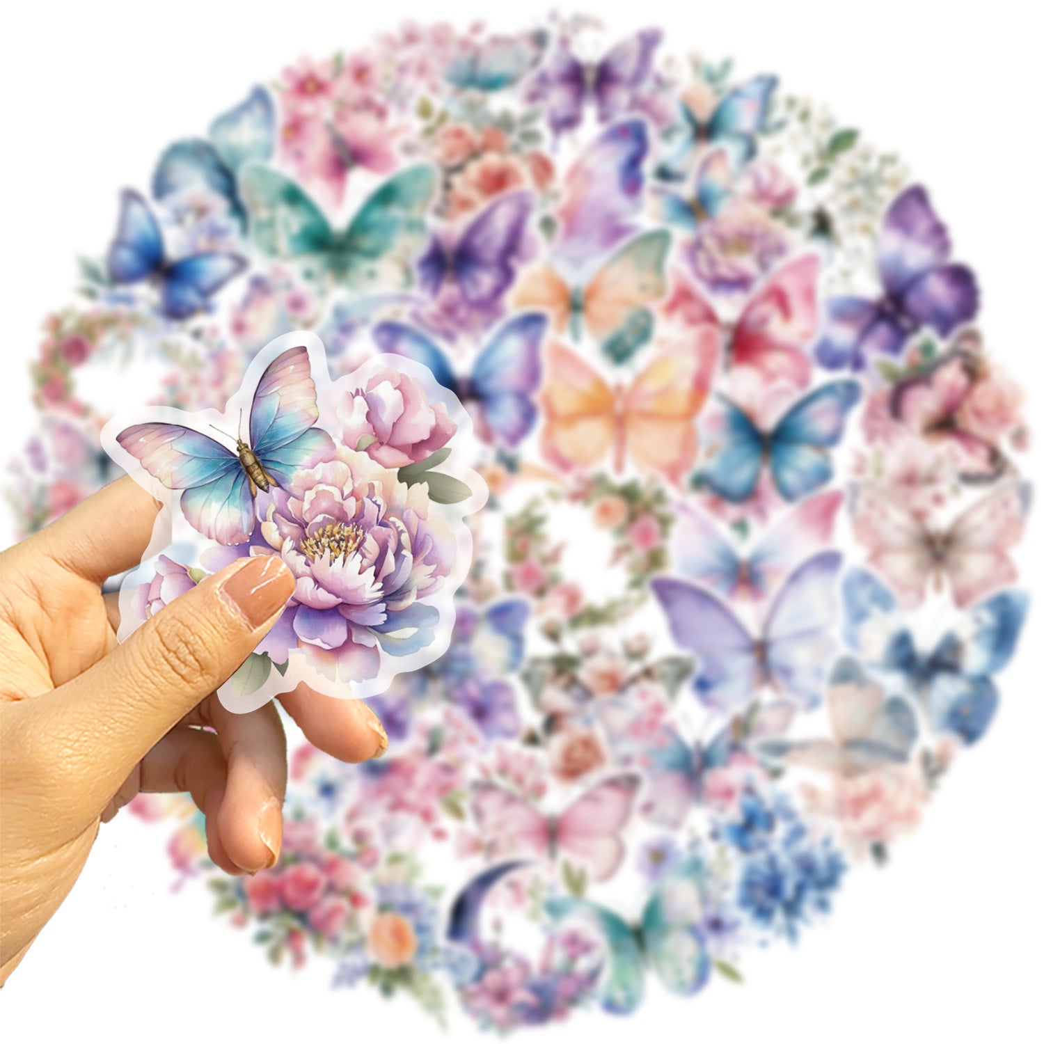 50pcs Colorful Butterfly & Flower Stickers 🦋🌸 Waterproof Transparent PET | Planner - Water Bottle -Guitar Decals Kawaii Stickers
