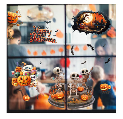 Halloween Skull & Pumpkin Window Stickers – Fun & Festive Static Cling 🎃🎶💀 Kawaii Stickers