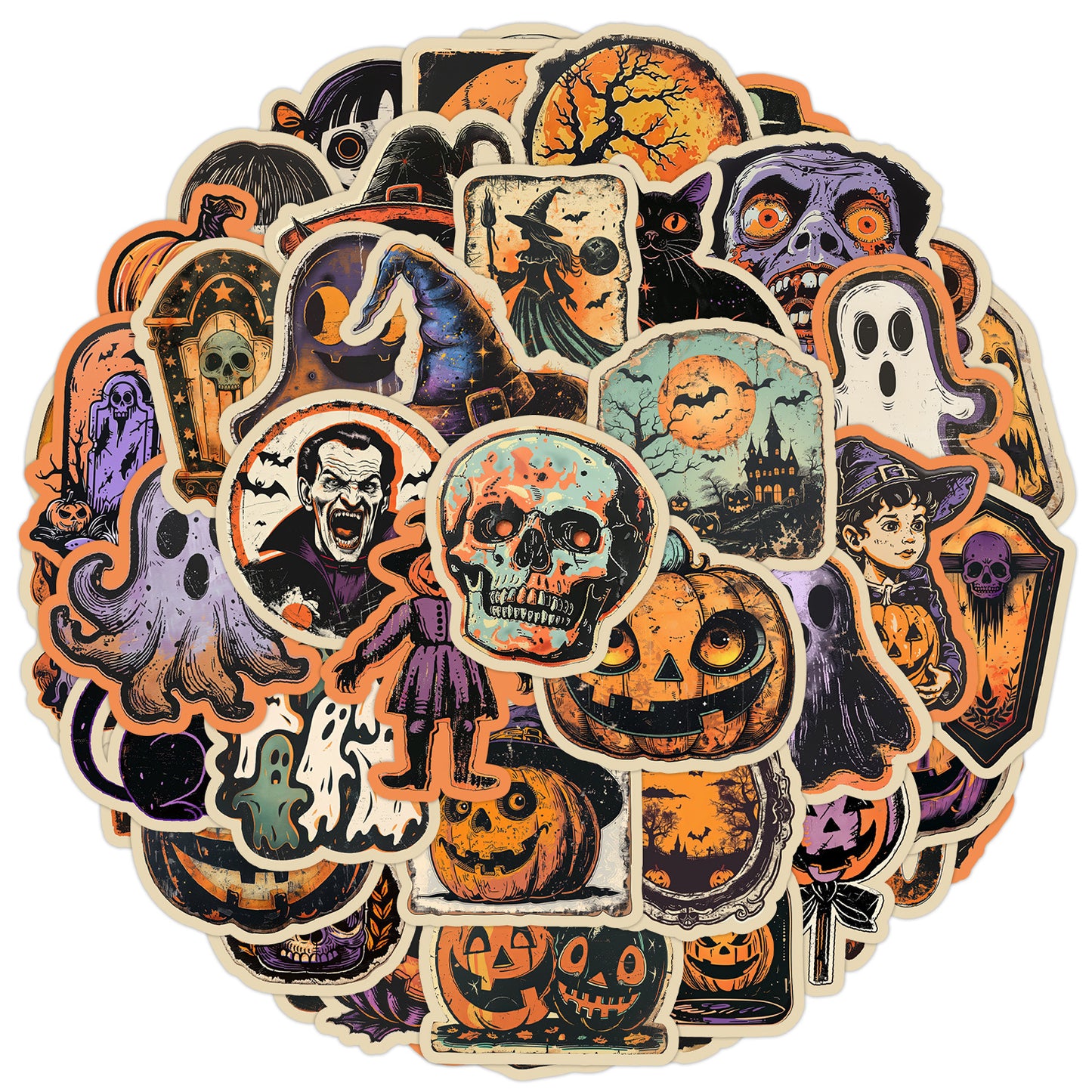 🎃 50pcs Vintage Halloween Stickers – Waterproof Retro PVC Vinyl Decals for Luggage, Water Bottle & Laptop Decoration Kawaii Stickers