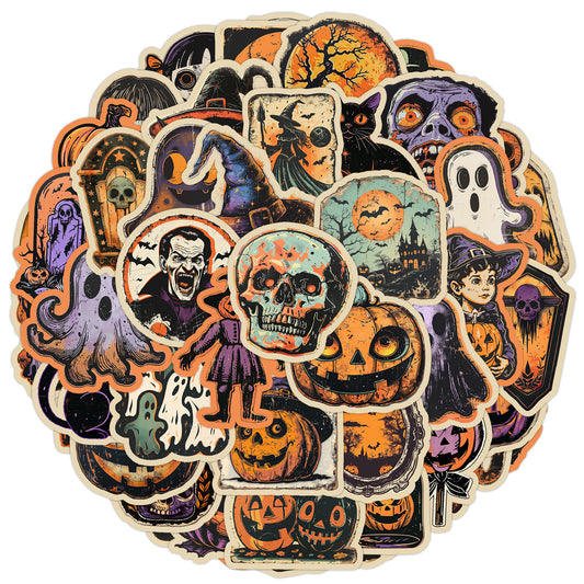🎃 50pcs Vintage Halloween Stickers – Waterproof Retro PVC Vinyl Decals for Luggage, Water Bottle & Laptop Decoration Kawaii Stickers