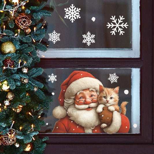 🎅 Christmas Santa Claus Snowflakes & Cat Window Stickers – Static Cling PVC ❄️🐱 Kawaii Stickers