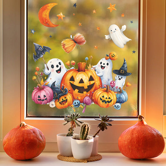 🎃 Halloween Cartoon Ghost Pumpkin Bat Balcony Glass Halloween window stickers – No Glue Kawaii Stickers