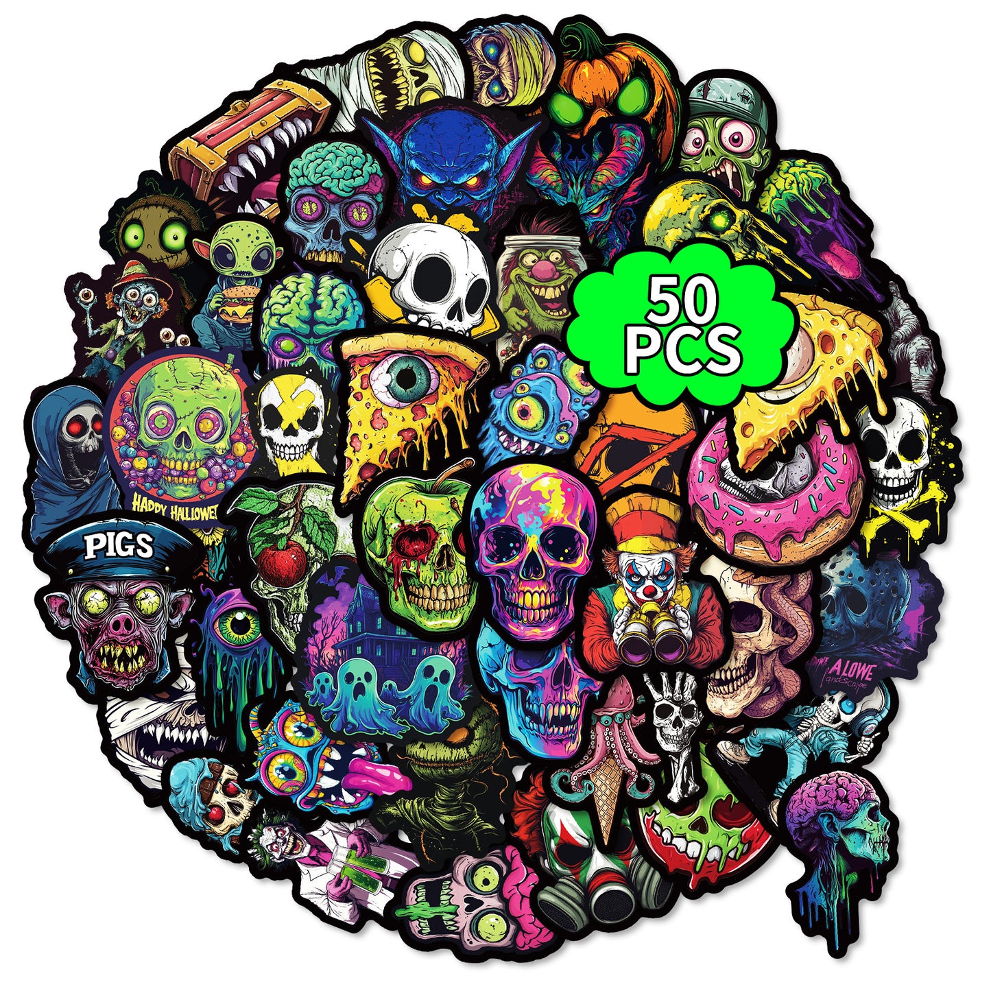 50pcs Colorful Skull Stickers – Halloween Festival Decoration Vinyl Decals Colorful skull stickers Kawaii Stickers