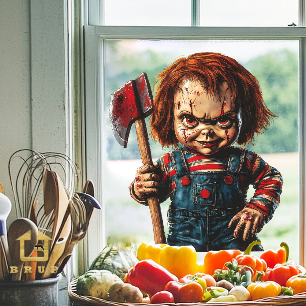 🎃 Halloween Horror Little Demon with Axe Static Window Stickers – No Glue 🕷️ Kawaii Stickers