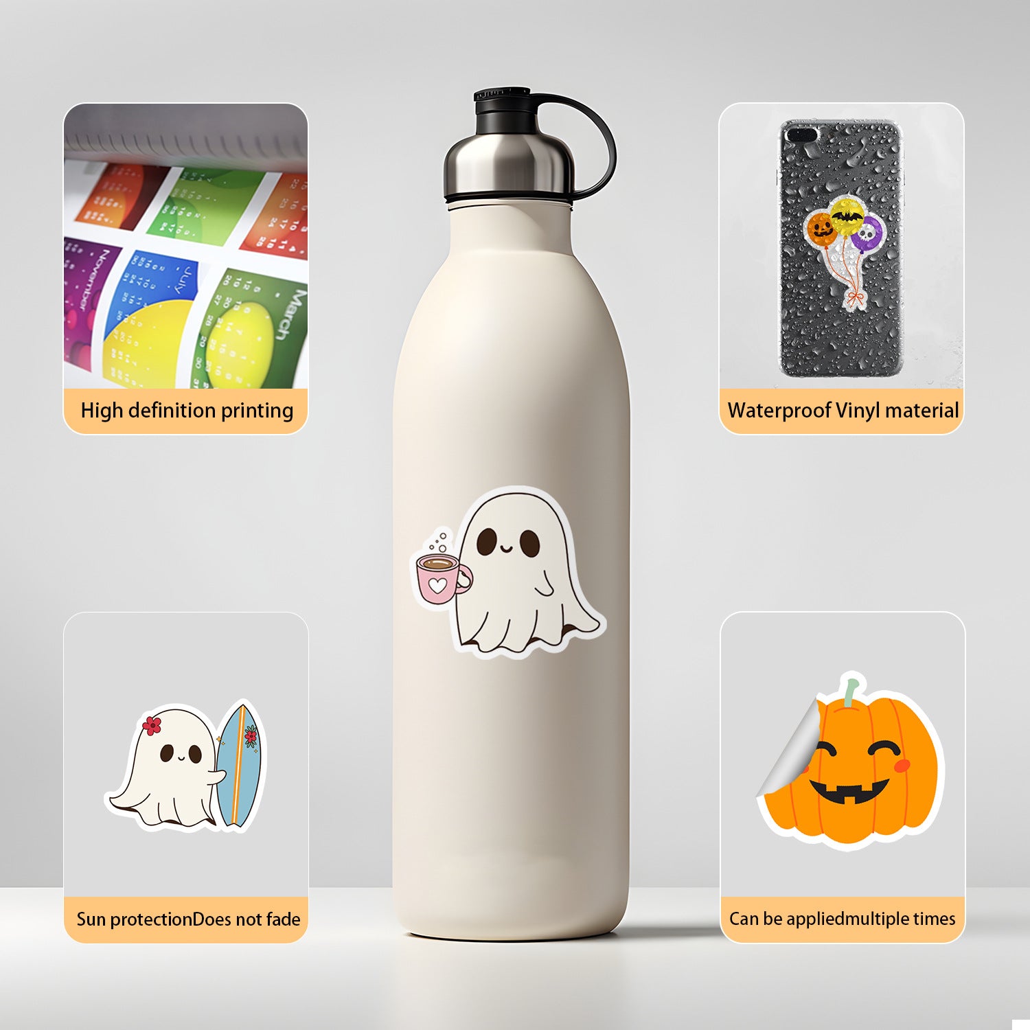50pcs Halloween Ghost Graffiti Stickers – Waterproof Vinyl Stickers for Phones, Water Bottles, Laptops Kawaii Stickers