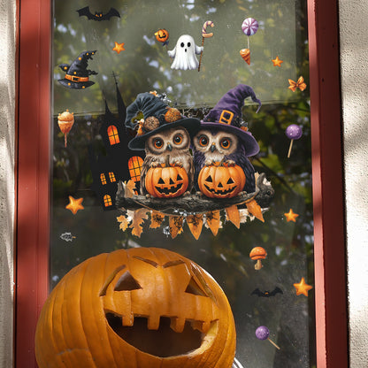 🎃 Halloween Window Stickers – Cute Pumpkin Owl Static Cling 🎃 Kawaii Stickers