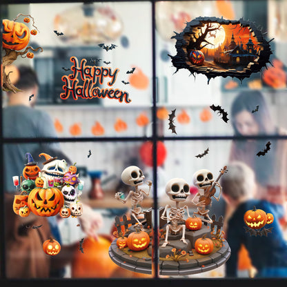 Halloween Skull & Pumpkin Window Stickers – Fun & Festive Static Cling 🎃🎶💀 Kawaii Stickers