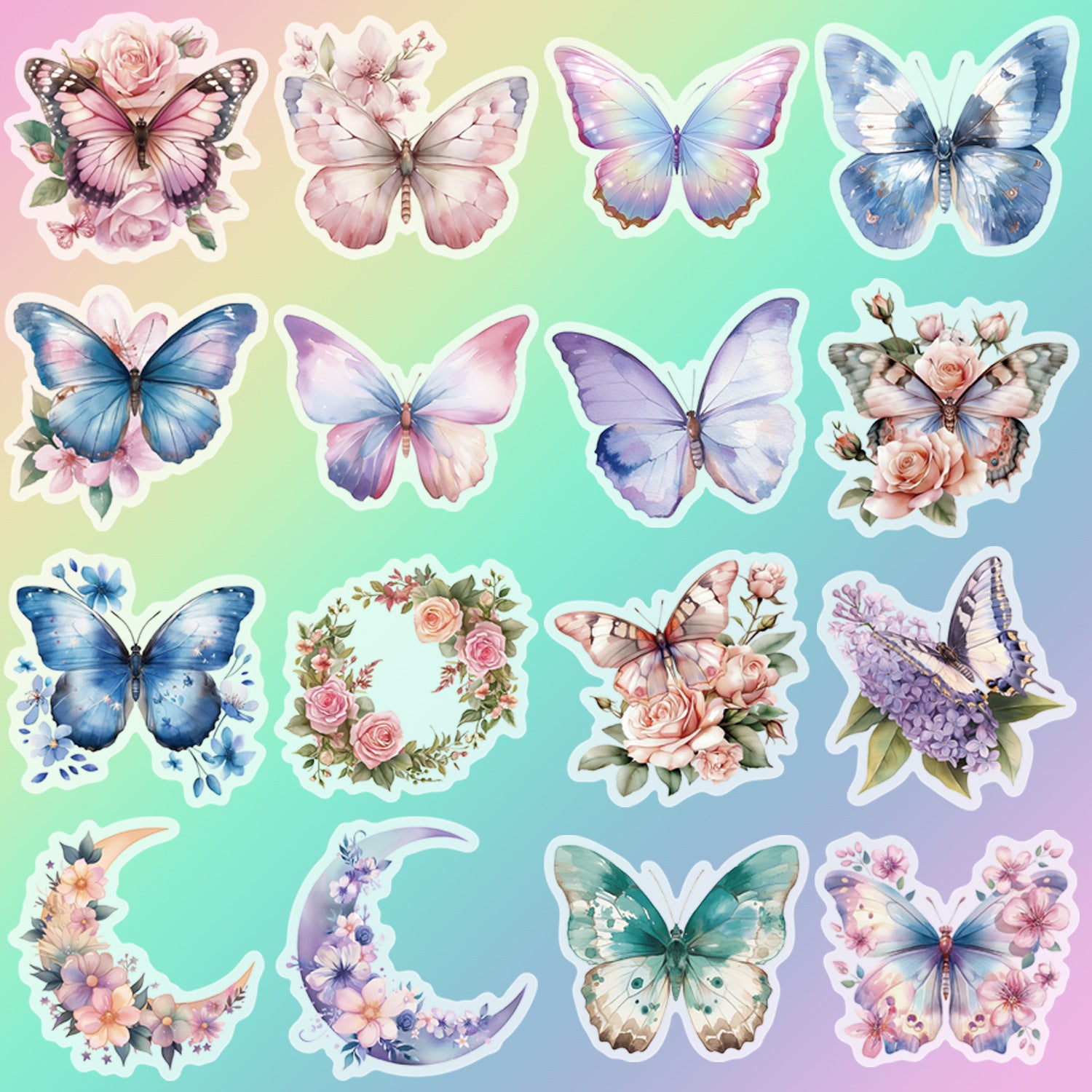 50pcs Colorful Butterfly & Flower Stickers 🦋🌸 Waterproof Transparent PET | Planner - Water Bottle -Guitar Decals Kawaii Stickers