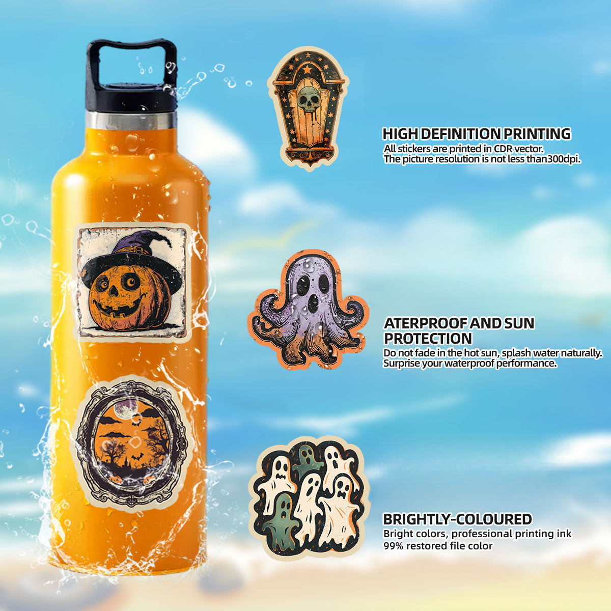 🎃 50pcs Vintage Halloween Stickers – Waterproof Retro PVC Vinyl Decals for Luggage, Water Bottle & Laptop Decoration Kawaii Stickers