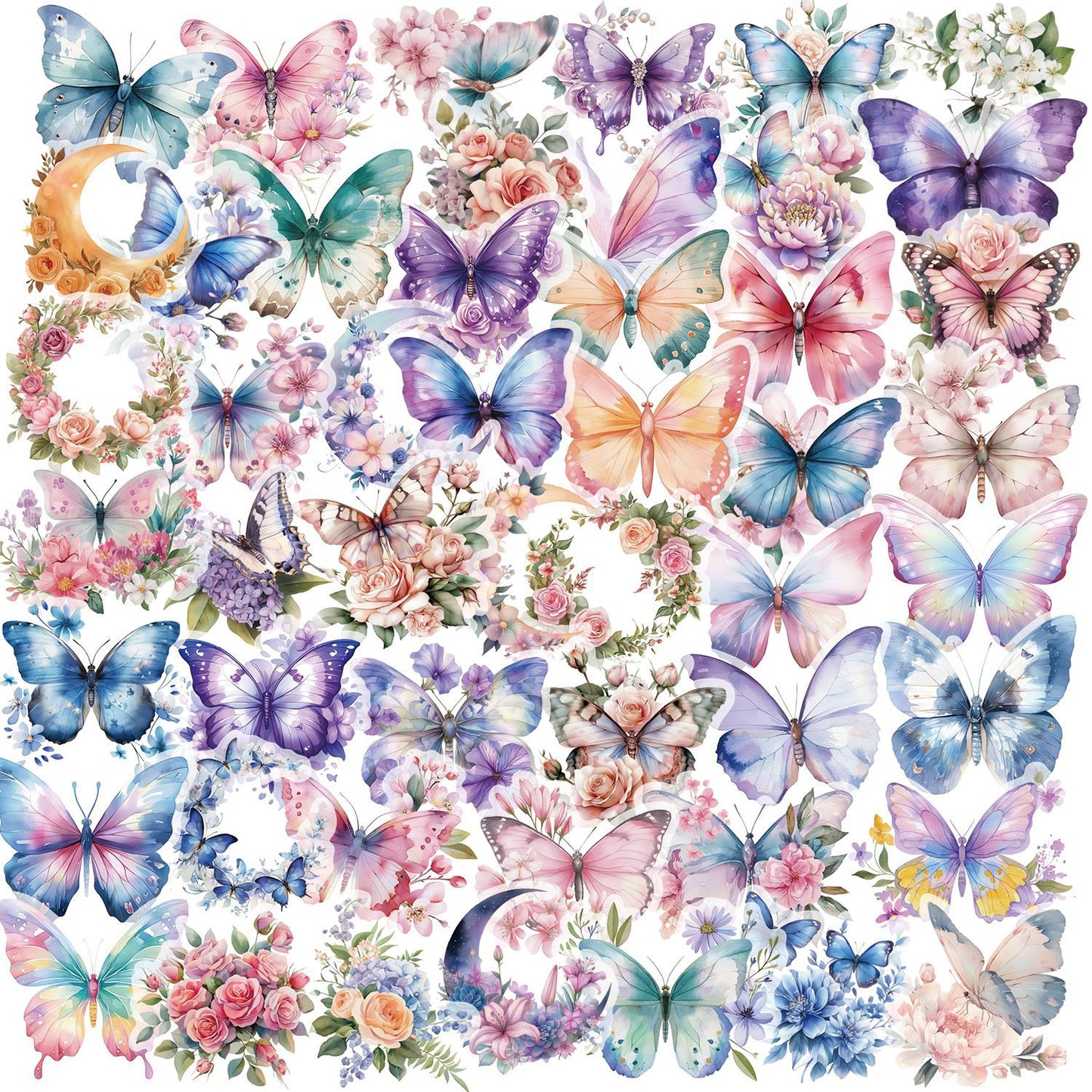 50pcs Colorful Butterfly & Flower Stickers 🦋🌸 Waterproof Transparent PET | Planner - Water Bottle -Guitar Decals Kawaii Stickers