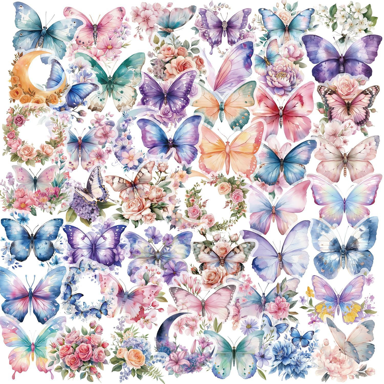 50pcs Colorful Butterfly & Flower Stickers 🦋🌸 Waterproof Transparent PET | Planner - Water Bottle -Guitar Decals Kawaii Stickers