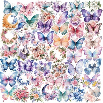 50pcs Colorful Butterfly & Flower Stickers 🦋🌸 Waterproof Transparent PET | Planner - Water Bottle -Guitar Decals Kawaii Stickers