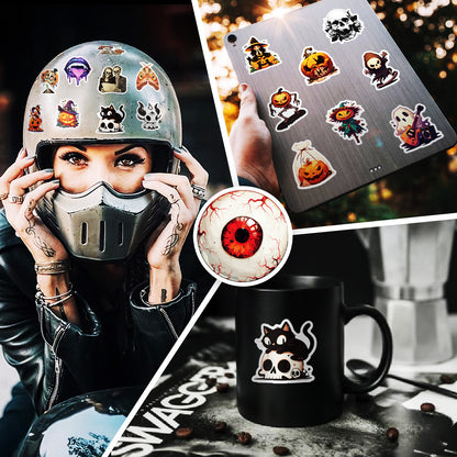 50pcs Halloween Stickers – Skulls, Pumpkins, Witches, Grim Reapers, Black Cats & Cute Doodle Decals Kawaii Stickers