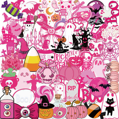 50Pcs Cute Pink Halloween Stickers Pack 🎃 Waterproof Transparent PET for Journals, Laptops & Guitars Kawaii Stickers