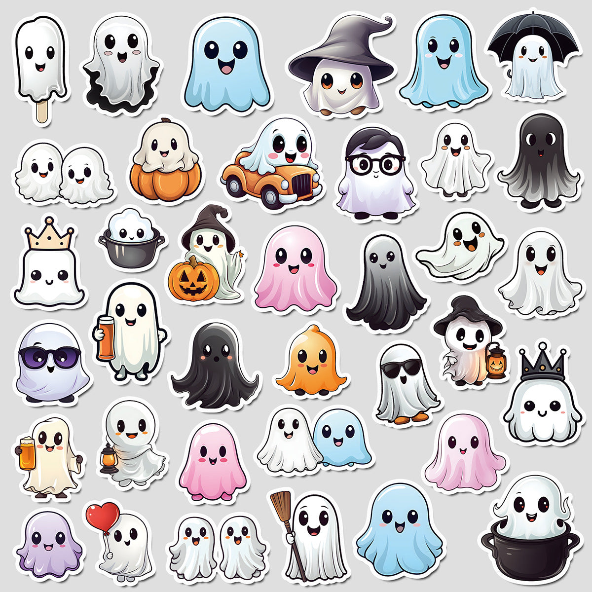🎃 50pcs Cute Halloween Stickers – Ghost & Pumpkin Waterproof Vinyl Decals for Laptop, Skateboard, Water Bottle Kawaii Stickers