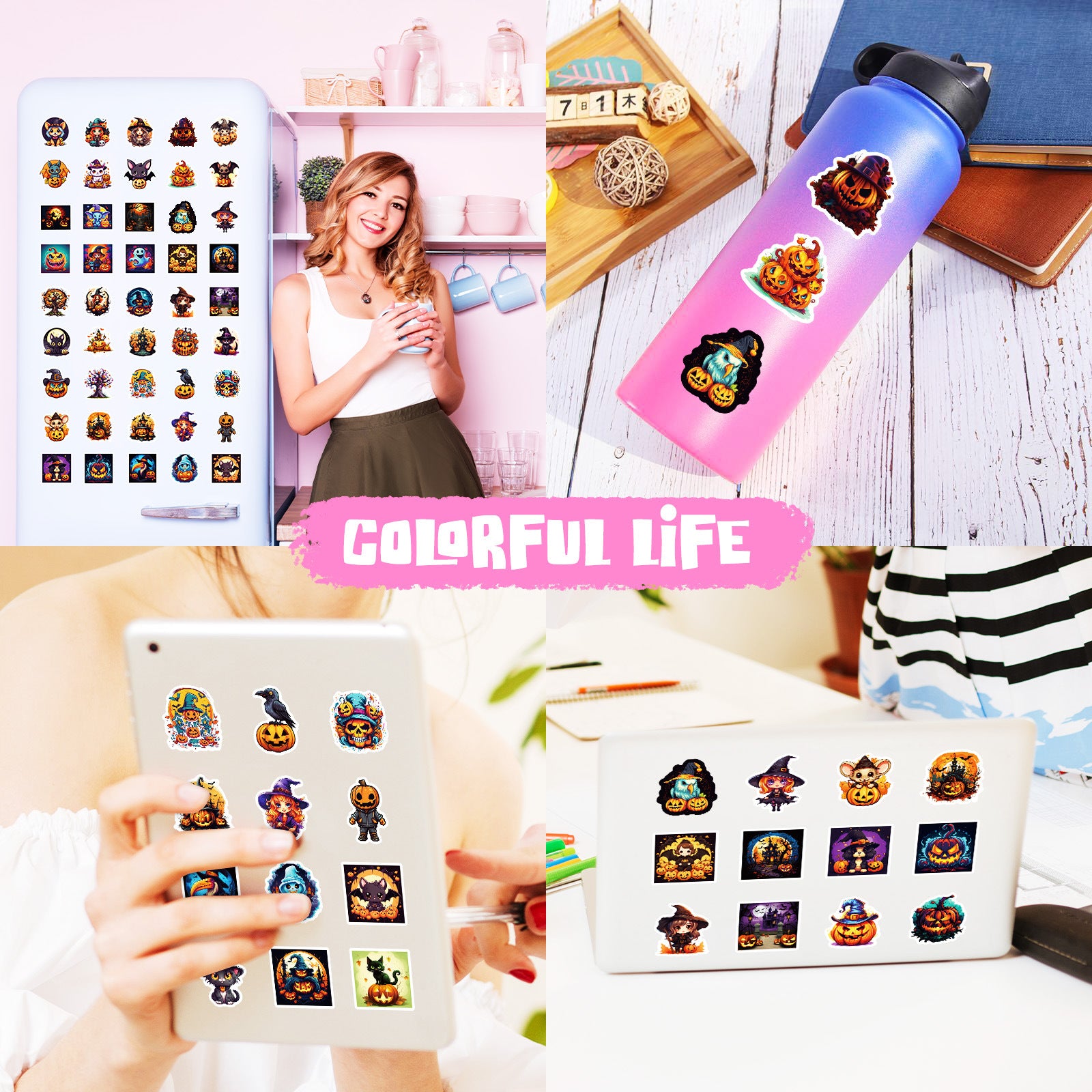 50pcs Halloween Pumpkin & Witch Stickers – Spooky Skull, Black Cat & Horror Doodle Decals Kawaii Stickers