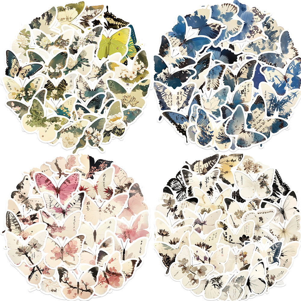 🦋🎨50pcs Ink-Style Butterfly Stickers Book | Waterproof PET Oriental Art Stickers for Journals, Notebooks, Water Cups ☕ & DIY Crafts Kawaii Stickers
