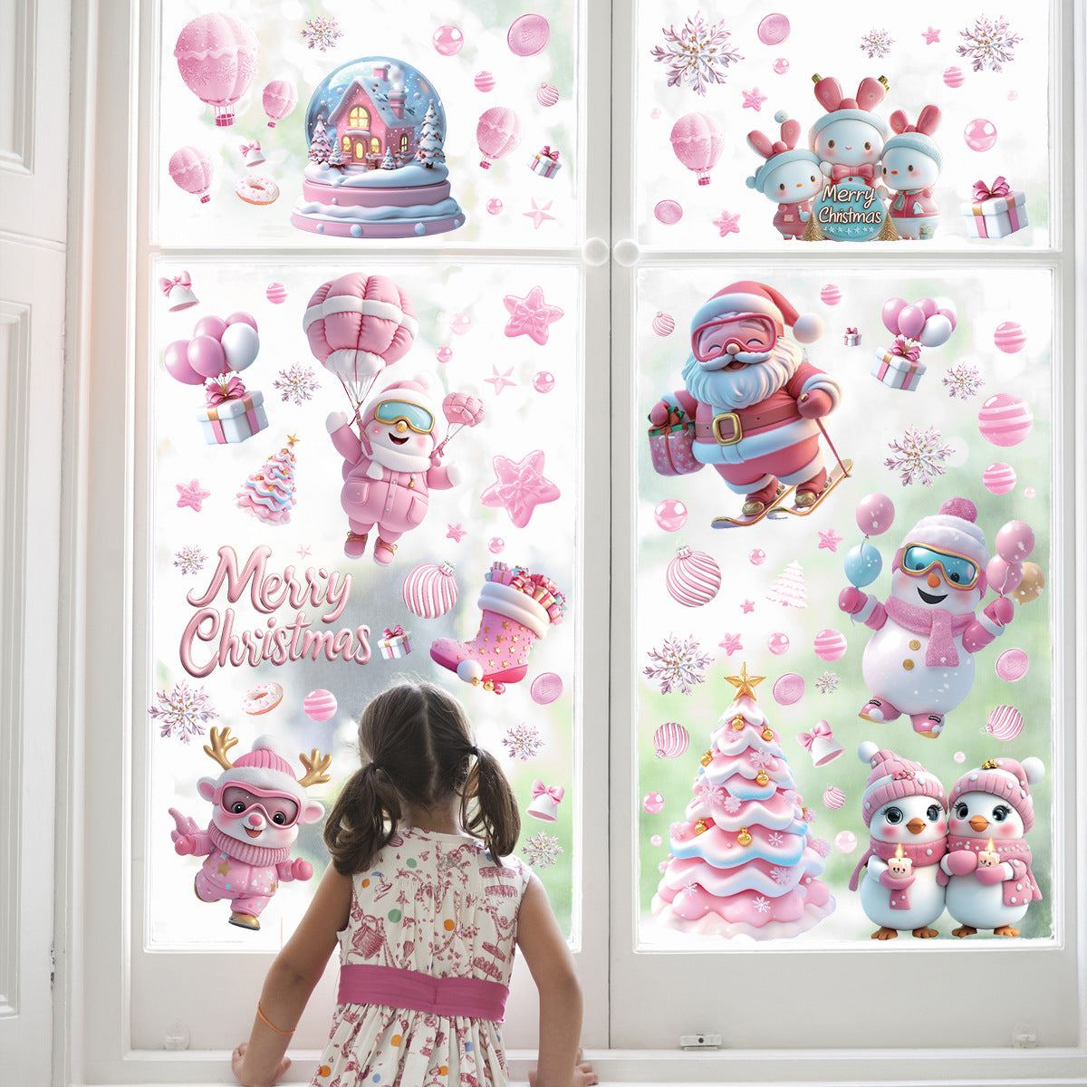 Cute Pink Christmas Window Stickers for Holiday Decor