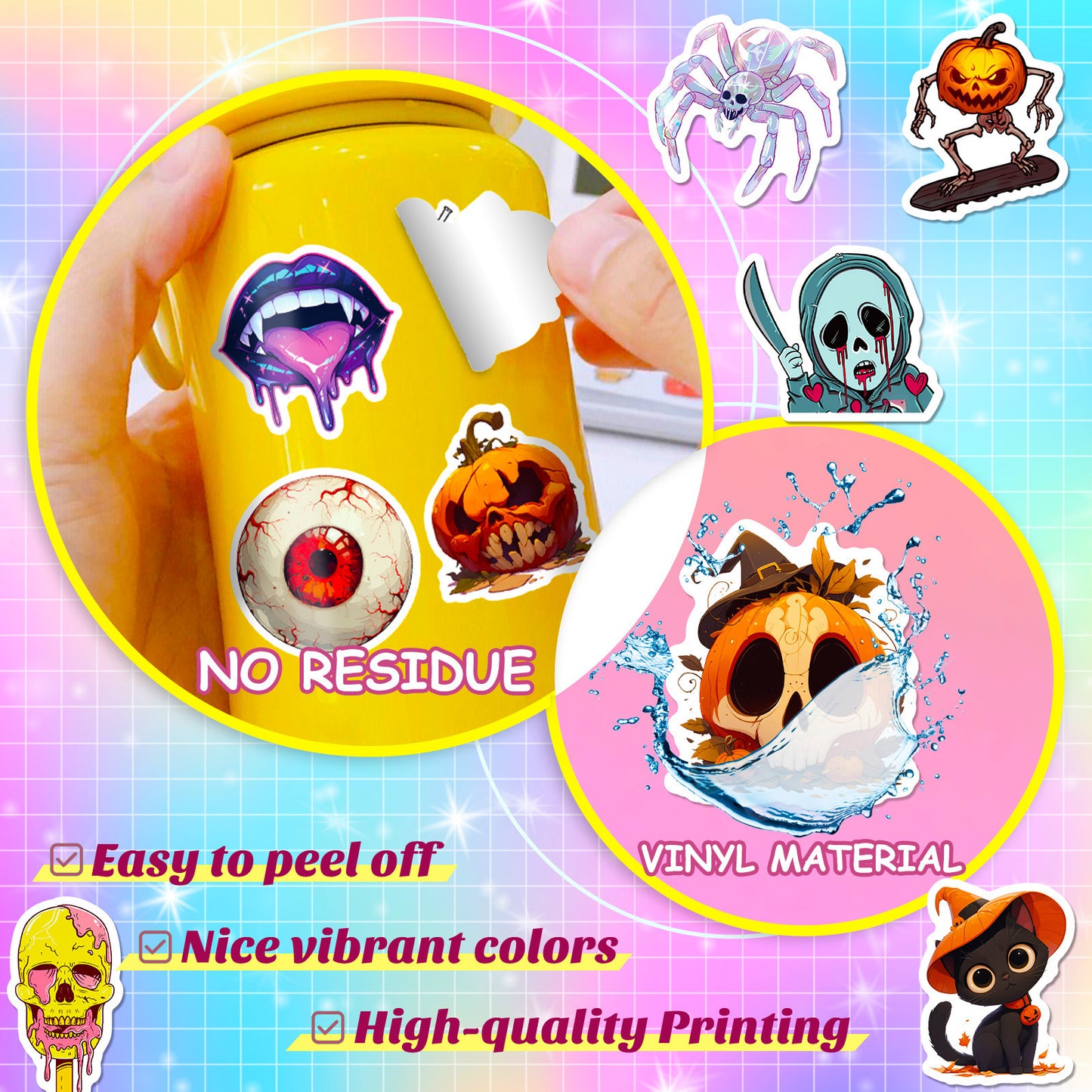 50pcs Halloween Stickers – Skulls, Pumpkins, Witches, Grim Reapers, Black Cats & Cute Doodle Decals Kawaii Stickers