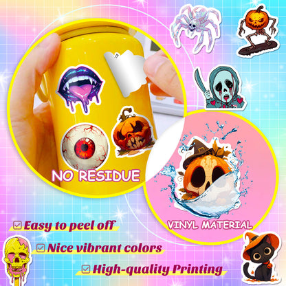 50pcs Halloween Stickers – Skulls, Pumpkins, Witches, Grim Reapers, Black Cats & Cute Doodle Decals Kawaii Stickers